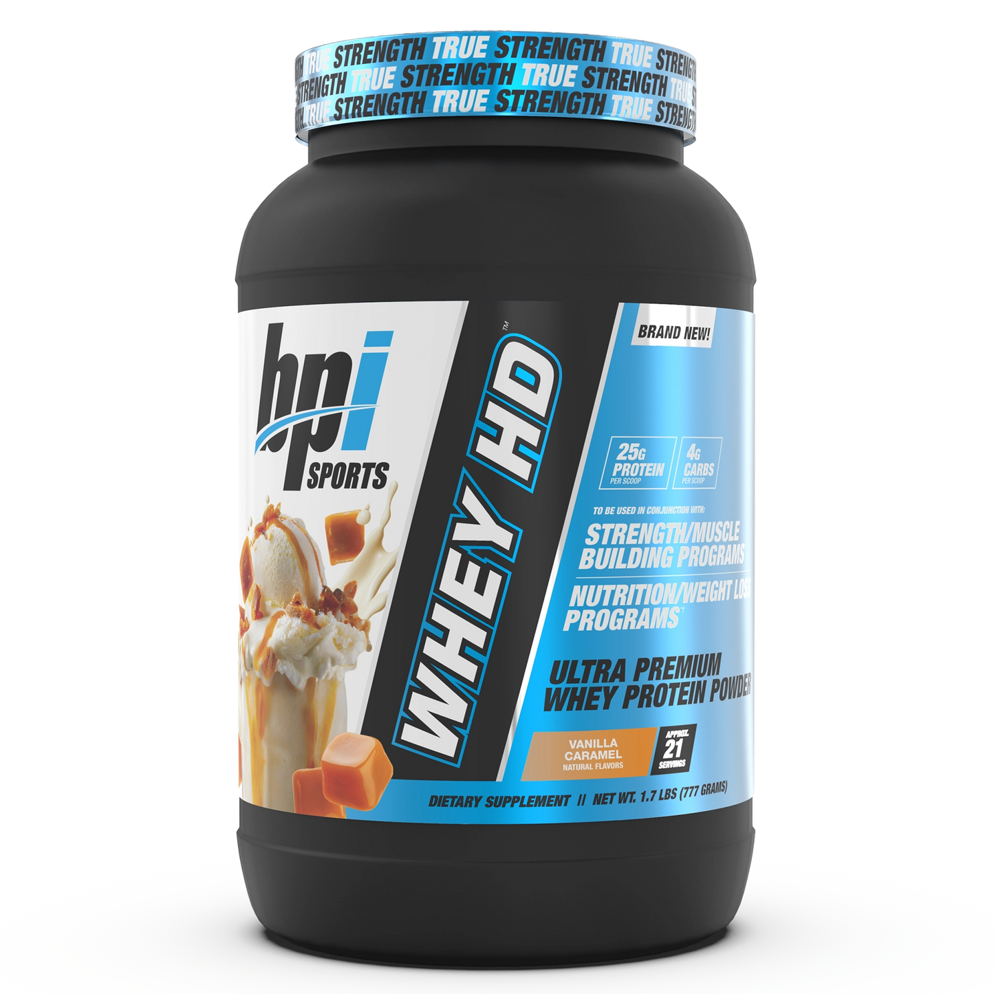 BPI Sports Whey HD Vanilla Caramel protein powder container