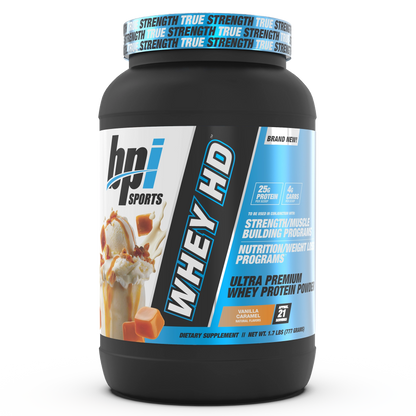 BPI Sports Whey HD Vanilla Caramel protein powder container