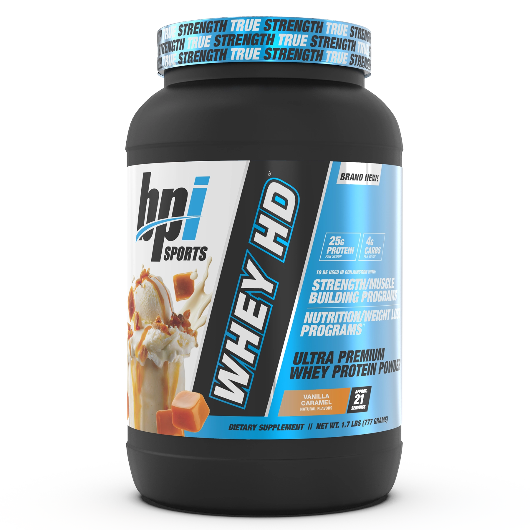 BPI Sports Whey HD Vanilla Caramel protein powder container